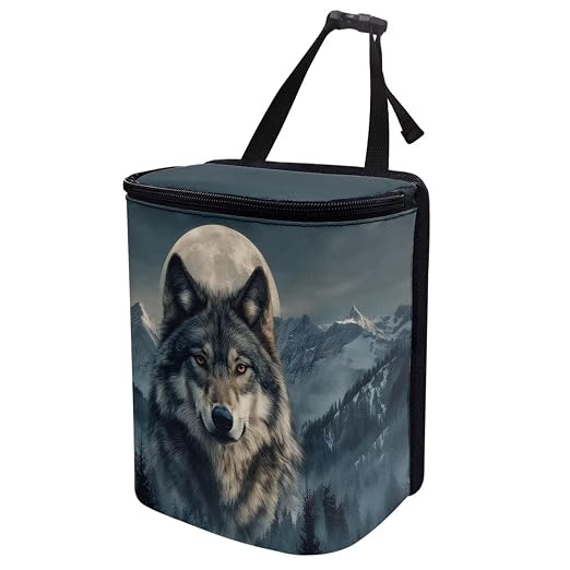 Talayituse Mountain Wolf Moon Print Car Trash Can Portable Auto Garbage Bin Multifunctional Vehicle Interior Accessories with Adjustable Straps Universal Fit Truck SUV Sedan