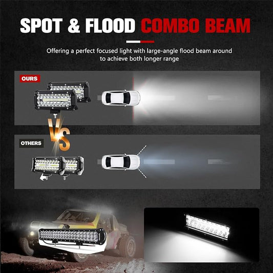 FIERYRED 2PCS 7 Inch LED Light Bar for Truck, Boat, ATV,UTV, Marine, IP68, 24000LM LED Pods Spot & Flood Combo Beam, 12V Triple Row Light Bar Off Road Driving Led Work Lights