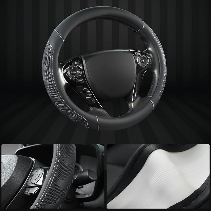 GIANT PANDA Microfiber Leather Steering Wheel Cover for Honda Accord,Civic,CR-V,HR-V,Pilot(Black+Gray Line-Standard Size)