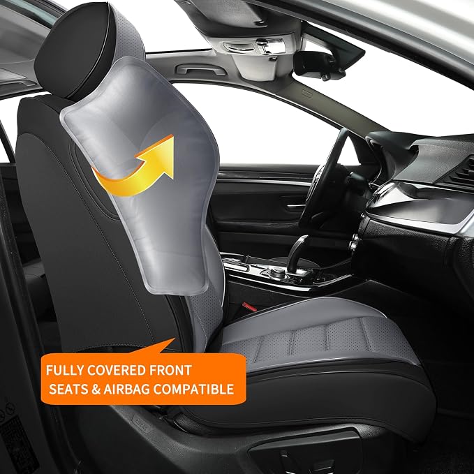 Car Seat Covers Full Set, Universal Leather Seat Covers for Cars, Breathable & Waterproof Automotive Seat Cover for Most Sedans, SUVs, Trucks, Full Coverage Seat Protector, Black Gray
