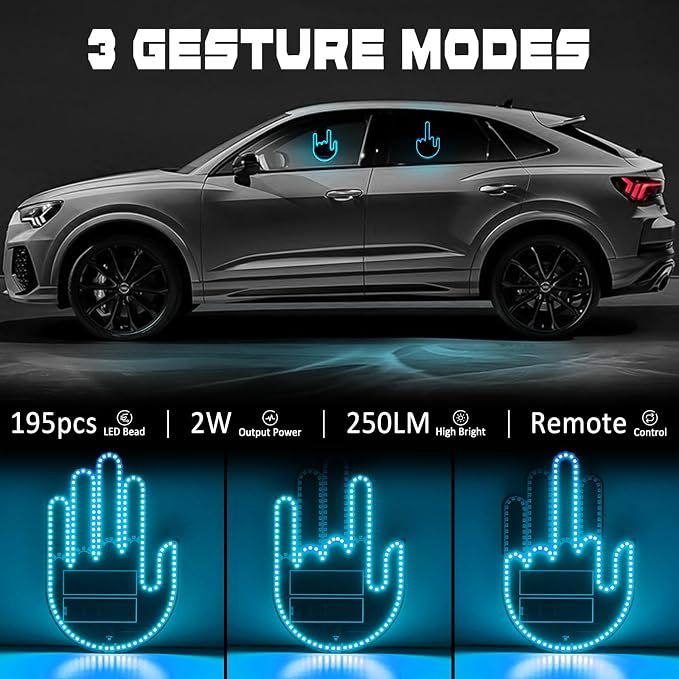 DIBMS Car Gesture Decorative Lights, Ambient Lighting, Rechargeable LED Gesture Lights for Car Road Rage LED Signs Calm Road Rage, Remote Control Triple Mode Fun Finger Lights (Ice Blue)