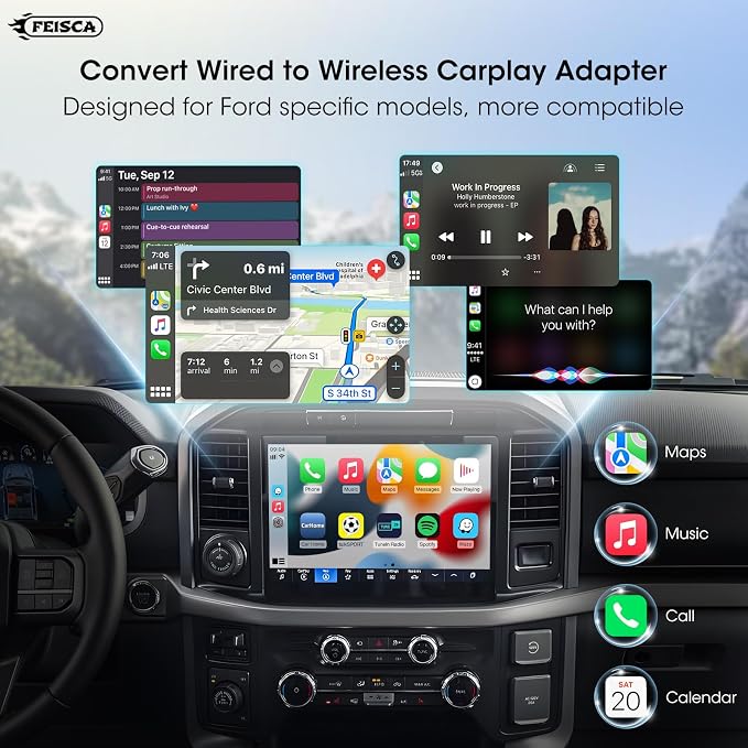 Wireless Carplay Adapter for iPhone, Convert Wired to Apple Carplay Wireless Adapter, Mini Size, Plug and Play, Connection Stable No Delay Car Play for Ford Specific Models