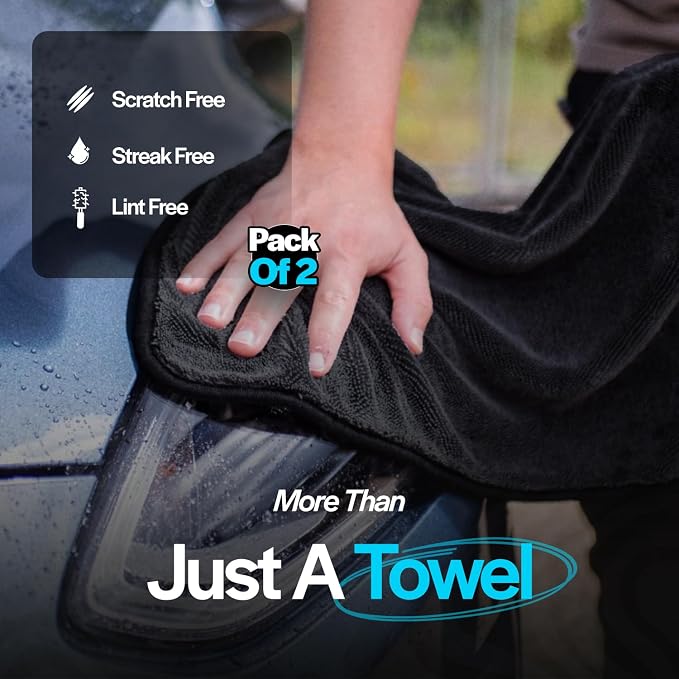 Crystal Clean Single-Sided Pack of 2 XL (28x36) Car Drying Towel – Korean Microfiber Towel with Double Twisted Loop, Professional Drying Towel for Car Detailing - Quick Dry, Paint Safe & Swirl-Free