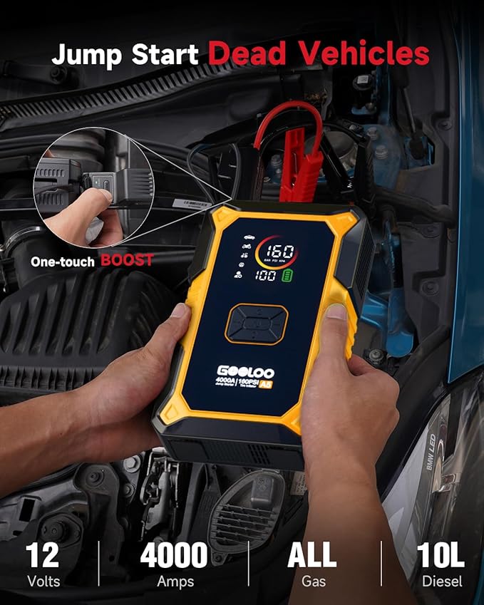 GOOLOO A5 Car Jump Starter with Air Compressor, 4000A Portable Car Jump Starter (All Gas/10.0L Diesel) with 160PSI Auto-Off Tire Inflator, 45W PD Fast Charging,12V Battery Jumper Starter Portable