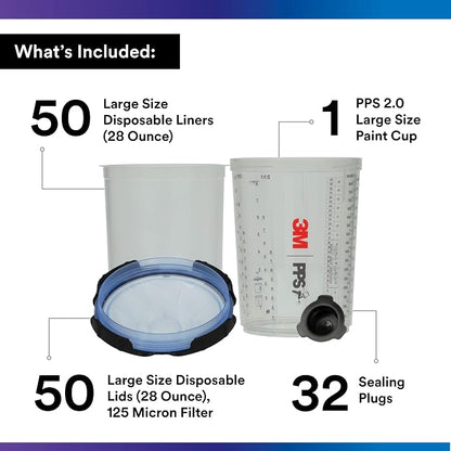 3M PPS 2.0 Spray Gun Cup, Lids and Liners Kit, 26325, Large, 28 Ounces, 125-Micron Filter, Use for Cars, Furniture, House and More, 1 Paint Cup, 50 Disposable Lids and Liners, 32 Sealing Plugs