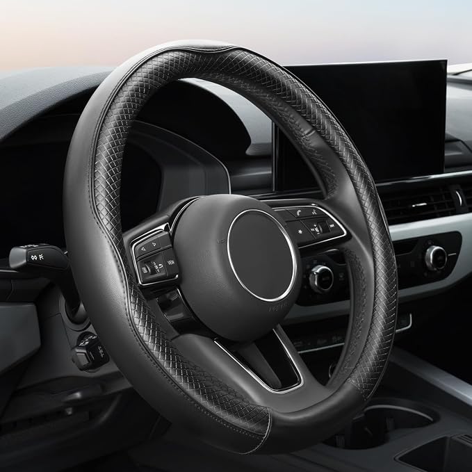 YHONGJT Soft Premium Leather Steering Wheel Cover, Breathable, Non-Slip Grip, Universal 15 Inch for Women Girls, Fit Vehicles, Sedans, SUVs, Vans, Trucks - Black