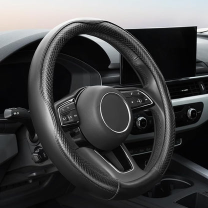 YHONGJT Soft Premium Leather Steering Wheel Cover, Breathable, Non-Slip Grip, Universal 15 Inch for Women Girls, Fit Vehicles, Sedans, SUVs, Vans, Trucks - Black