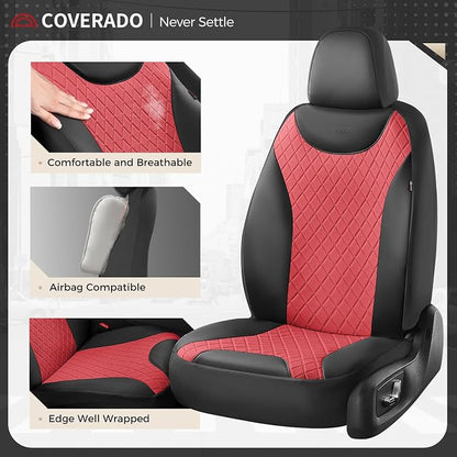 Coverado Front Seat Covers, 2 Packs Leather Seat Covers for Cars, Driver Seat Protectors with Splicing Design，Waterproof Car Seat Cushions Universal Seat Covers Fit for Most Cars, Black & Red