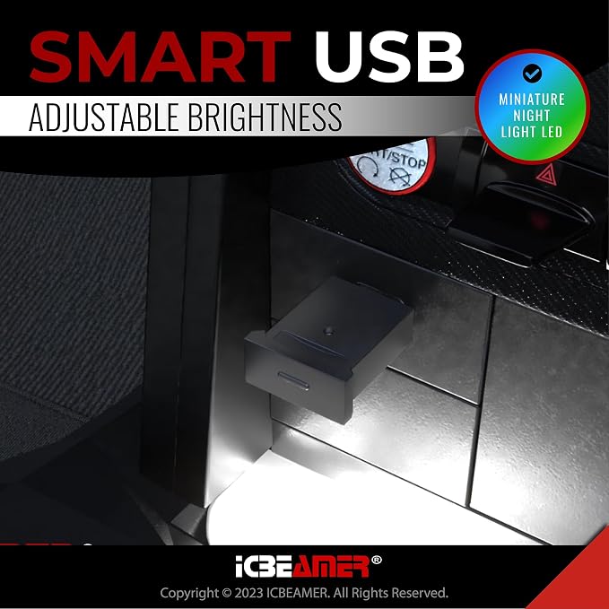 ICBEAMER Mini Smart USB Type-A 2-Pack (Yellow) | LED Night Light for Car Interior, Trunk, Center Console, Easy Plug-in, Ideal for Enhancing Automotive Ambiance