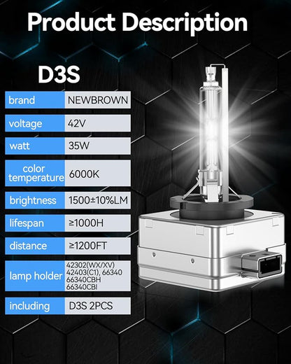 NEWBROWN D3S Hid Headlight bulb 6000K White 200% brightness, Super White Xenon Replacement 66340 42403 42302 Headlight Bulb (35W D3S, 2 Pack)