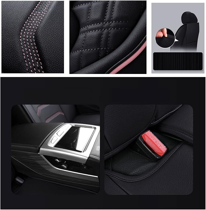 Comfortable Leather Auto Car Seat Covers 5 Seats Full Set Universal Fit (Black & Pink
