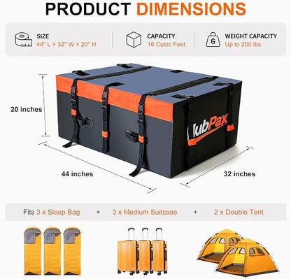 Car Rooftop Cargo Carrier Bag - 16 Cubic Feet Car Roof Top Bag Cargo Carrier for All Vehicle with/Without Rack, Includes Anti-Slip Mat, 8 Reinforced Straps, 6 Door Hooks, Luggage Lock