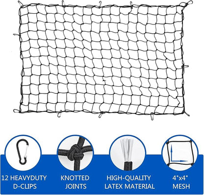 Amiss 4' x 6' Stretches to 8' x 12' Truck Cargo Net, Roof Rack Cargo Net for Pickup Trucks SUV, Heavy Duty Truck Bed Cargo Bungee Net with 12 Black Clips and Storage Bag, Car Exterior Accessories