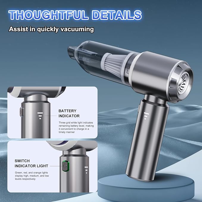 Cordless Handheld Vacuum, Portable Car Vacuum Detailing Kit, Compact Vac with Crevice Tool & Brushless Motor, Type-C Charge, 16000Pa Suction Power for Car, Office Desk, Keyboards, Home