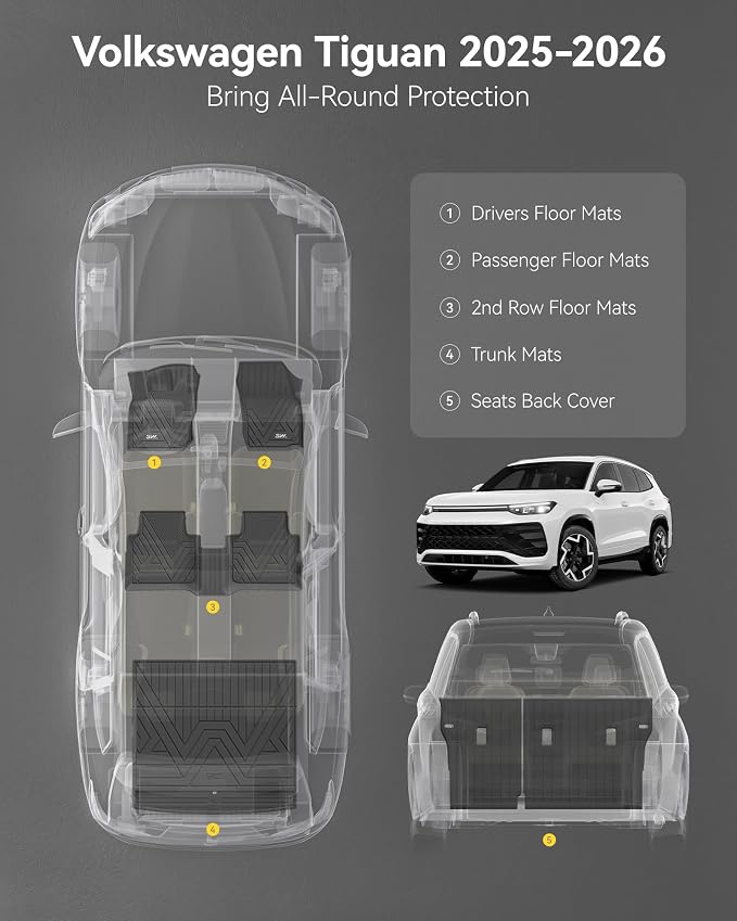 3W Floor Mats & Cargo Liner & Seatback Mats for Volkswagen Tiguan 2025 2026, All-Weather Protection TPE Car Mats 2 Rows Full Set for VW Tiguan Accessories, Black