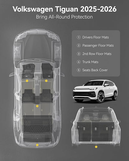 3W Floor Mats & Cargo Liner & Seatback Mats for Volkswagen Tiguan 2025 2026, All-Weather Protection TPE Car Mats 2 Rows Full Set for VW Tiguan Accessories, Black