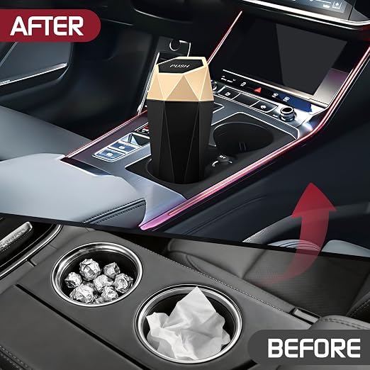 Car Trash Can with Lid, Mini Car Trash Cup with 30 Additional Trash Bags, Car Accessories for Interior, Leakproof Vehicle Garbage Bin for Car, Home, Office - 2 Packs, Gold