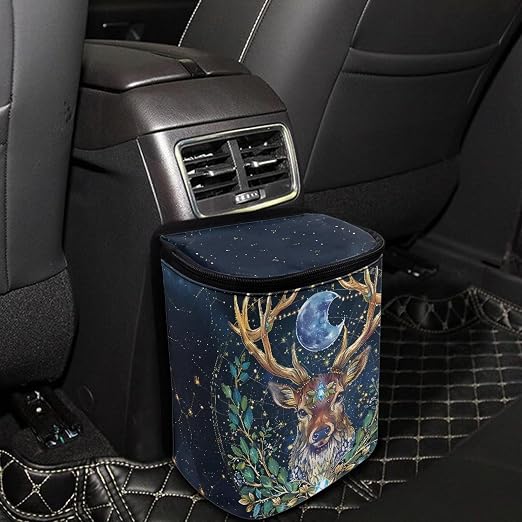 Talayituse Deer Moon Print Car Trash Can Portable Auto Garbage Bin Multifunctional Vehicle Interior Accessories with Adjustable Straps Universal Fit Truck SUV Sedan