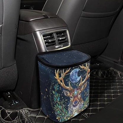 Talayituse Deer Moon Print Car Trash Can Portable Auto Garbage Bin Multifunctional Vehicle Interior Accessories with Adjustable Straps Universal Fit Truck SUV Sedan