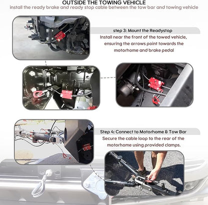 RV Brake System for Flat Towing, Emergency Breakaway Kit & Ready Stop Device Kit with Brake Pedal Connected Cable Harness, Compatible with RV Tow Bars and Towed Vehicles
