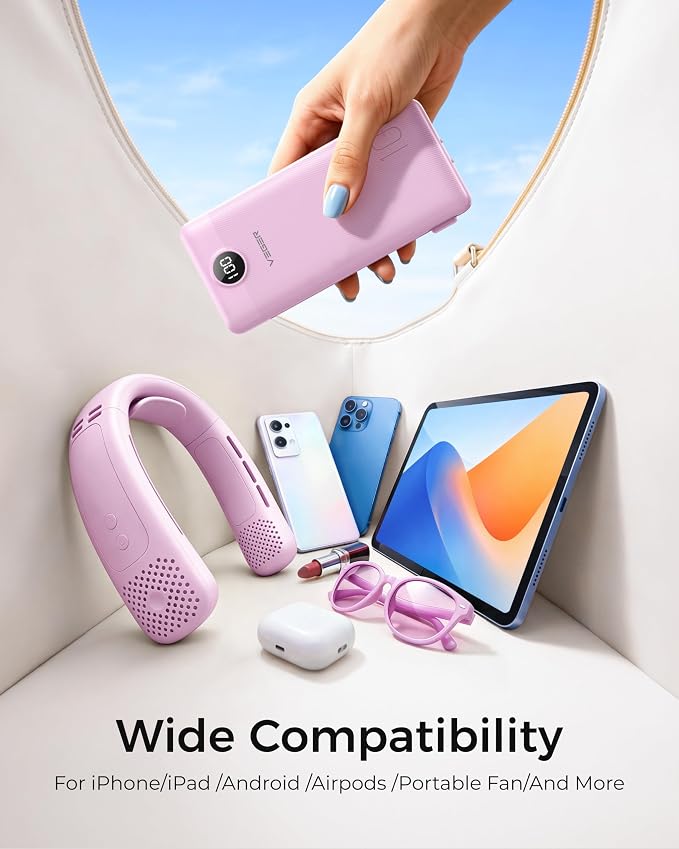 VEGER Portable Charger Power Bank with Built-in AC Plug and Cables, All in One 10000mAh Ultra Slim Travel Essentials, Fast Charging Battery Pack Compatible with iPhone, Samsung, Android, Purple