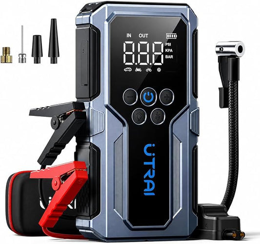 UTRAI Jump Starter with Air Compressor, 4000A Battery Jumper Starter Portable with 150PSI Tire Inflator, 18W Fast Charge, Emergency Light, 12V Jump Box for 8.5L Gas & 6.5L Diesel Engines, Storage Case