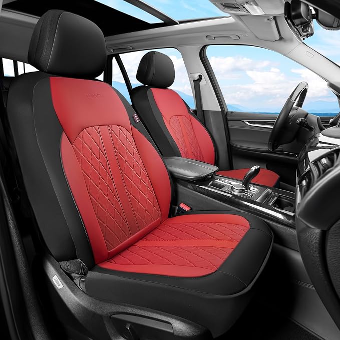 Coverado Universal Leather Seat Covers Full Set for 5 Seats – Waterproof, Durable All-Weather Protector for SUV, Pickup Truck, Sedan （Red）