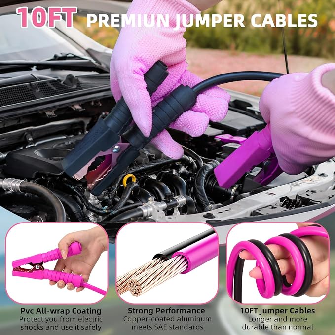 Roadside Car Emergency Kit for Vehicles, 12PCS Pink Car Safety Kit with Jumper Cables, Tool kit, Tow Strap, Road Trip Essentials, Survival Kit for Men, Women, New Driver Gifts