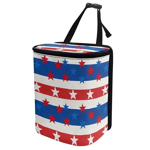 Talayituse American Flag Star Print Car Trash Can with Lid, 4th of July Leak Proof Auto Trash Bag Hanging Vehicle Garbage Can Multipurpose Storage Container for Back Seat Road Trip
