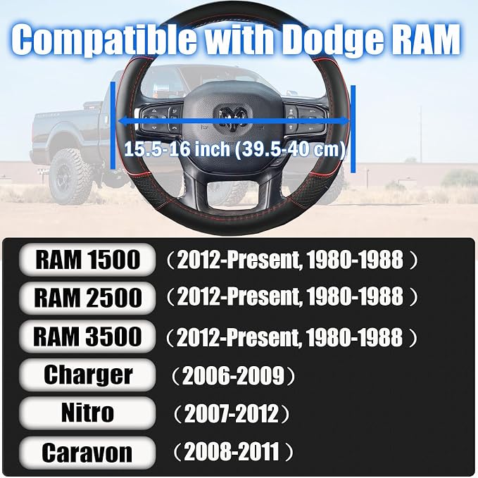 Steering Wheel Cover for Dodge RAM 1500, 2500, 3500 - Premium Microfiber Leather Auto Car Accessory with Non-Slip Grip, Rugged Durability & Interior Upgrade, 15.5-16 inch (Red-Large Size)