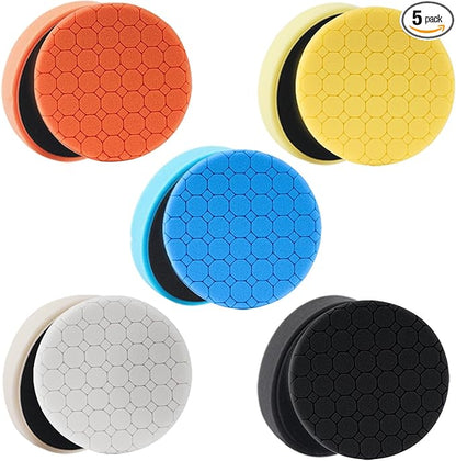 Buffing Polishing Pads, 5Pcs 5.5 Inch Face for 5 Inch Backing Plate Compound Buffing Sponge Pads with Hex Logic Pattern,Cutting Polishing Pad Kit for Car Buffer Polisher,Polishing and Waxing