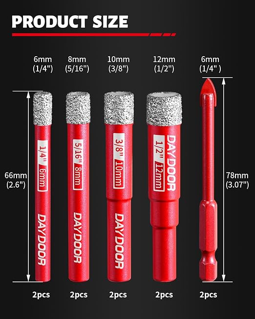 DAYDOOR Dry Diamond Drill Bits Set, 1/4" 5/16" 3/8" 1/2" Diamond Hole Saw Kit for Porcelain Tile Ceramic Glass Marble Granite, Tile Drill Bits with Cooling Wax, Round Shank (10-Piece)