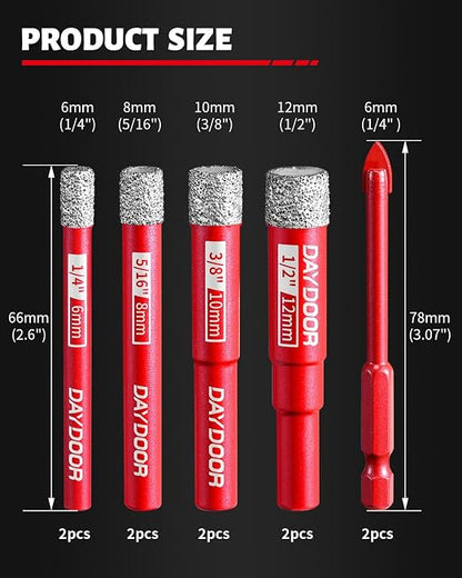 DAYDOOR Dry Diamond Drill Bits Set, 1/4" 5/16" 3/8" 1/2" Diamond Hole Saw Kit for Porcelain Tile Ceramic Glass Marble Granite, Tile Drill Bits with Cooling Wax, Round Shank (10-Piece)