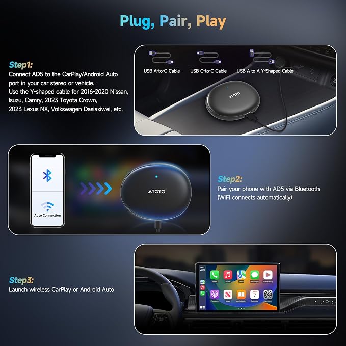 ATOTOZONE AD5 Wireless CarPlay Adapter & Android Auto Wireless Adapter, 2025 Upgrade Plug & Play AI Box CarPlay, Smart Box Compatible with YouTube, Dual Wi-Fi, ChatGPT