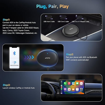ATOTOZONE AD5 Wireless CarPlay Adapter & Android Auto Wireless Adapter, 2025 Upgrade Plug & Play AI Box CarPlay, Smart Box Compatible with YouTube, Dual Wi-Fi, ChatGPT