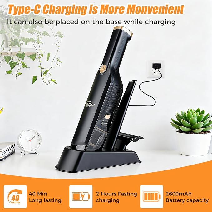 Handheld Vacuum Cordless,Dust Busters Cordless with Storage Dock,15KPA High Power Portable Vacuum Vordless,USB Quick Charge,Mini Vacuum with Multi-Nozzles & Washable Filter，Black