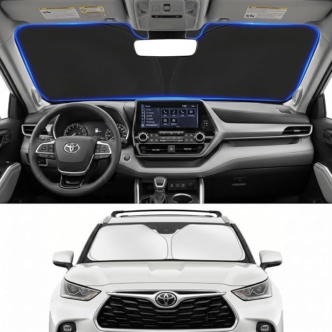 Custom Fit Windshield Sun Shade for Toyota Highlander 2020-2026 | Custom Fit Windshield Cover, Blocks UV Rays, Double-Layer Heat Shield, Durable Frame, Easy Fold & Storage