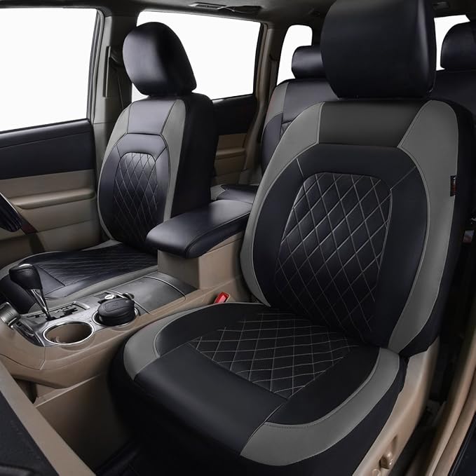 Universal Deluxe Pu Luxury Vinyl Faux Leather Car Seat Covers Full Set, Airbag Compatible, Breathable, Fit for Most Sedans, Vans, SUVs (Black and Gray)