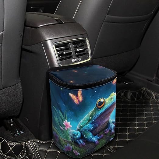 Talayituse Butterfly Galaxy Frog Print Car Trash Bin, Large Size Auto Trash Can Adjustable Portable Garbage Can with Lid, Vehicle Hanging Bag for Headrest Front Back Seat