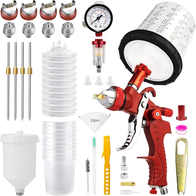 HVLP Gravity Feed Air Spray Gun with 650ml Mixing Cup& 10x Disposable Cups, 1.4/1.7/2.0/2.5mm Nozzles, Automotive Paint Sprayer Gun for House Painting, Car, Furniture, Fence, Varnish& Top Coat