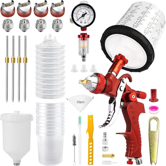 HVLP Gravity Feed Air Spray Gun with 650ml Mixing Cup& 10x Disposable Cups, 1.4/1.7/2.0/2.5mm Nozzles, Automotive Paint Sprayer Gun for House Painting, Car, Furniture, Fence, Varnish& Top Coat
