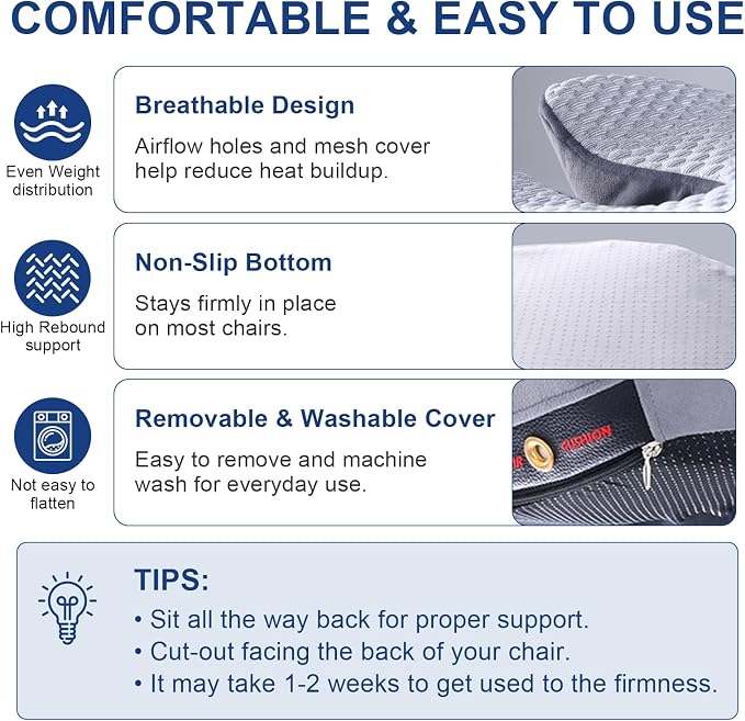 Seat Cushion for Tailbone Pain Relief, Firm Support Won't Flatten, Adds 2–3" Height, X-Large Cushion for Long Sitting, Office Chair, Car Seat & Work from Home（Grey