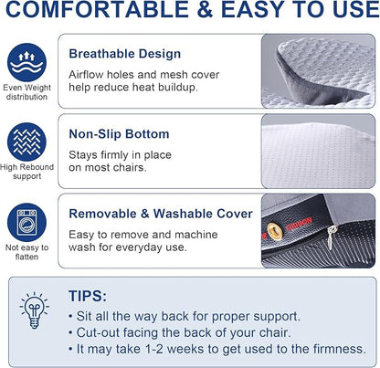 Seat Cushion for Tailbone Pain Relief, Firm Support Won't Flatten, Adds 2–3" Height, X-Large Cushion for Long Sitting, Office Chair, Car Seat & Work from Home（Grey