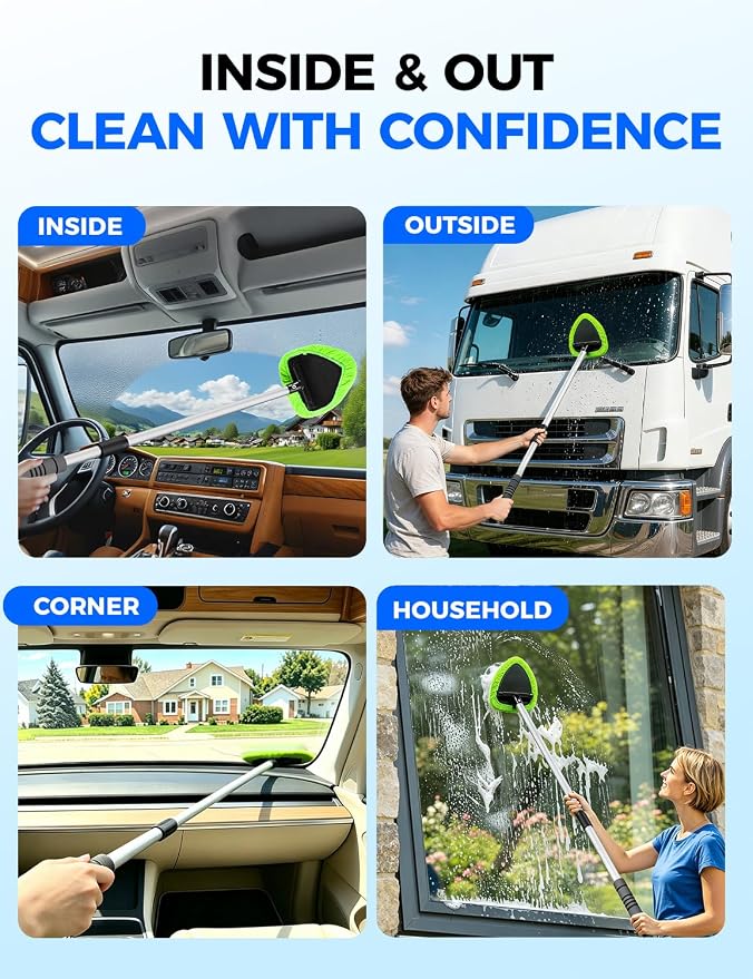 XINDELL 29-inch Windshield Cleaner Tool – Car Interior Window Cleaning Kit with Extended Long Handle & 4 Microfiber Pads, Auto Wiper Windshield Brush for Car, Trucks, SUVs, RVs & Home