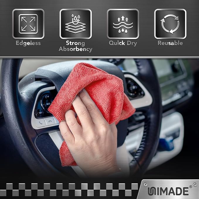 UNIMADE Microfiber Cleaning Cloth, 24 Pack Reusable Microfiber Towels for Cars Lint Free Cleaning Shop Towel Rags for Home Kitchen Automotive Bar Mechanic Restaurant Garage, 11"x 12", Red