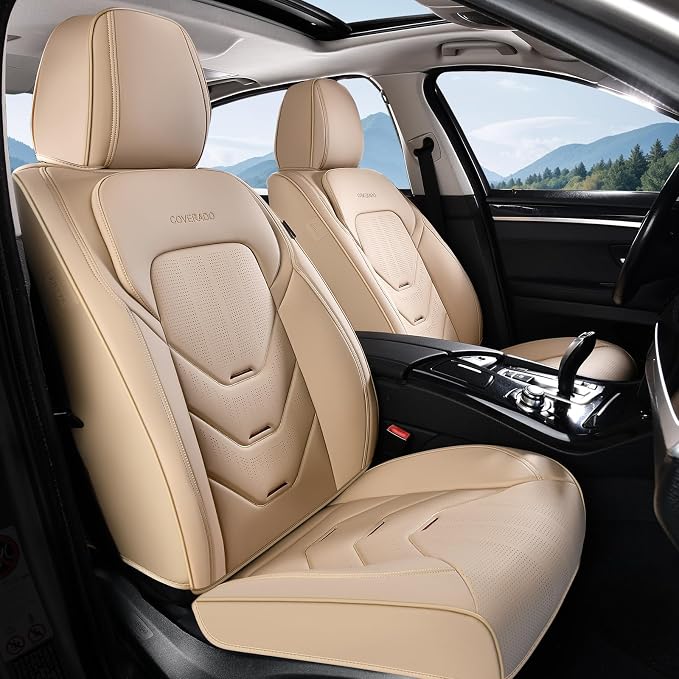Coverado Car Seat Cover Full Set, Front and Rear Seat Cover for Car, Leather Car Seat Protector, Beige Universal Seat Covers, Waterproof Car Seat Cushion, Automotive Seat Covers Fit for Most Vehicles