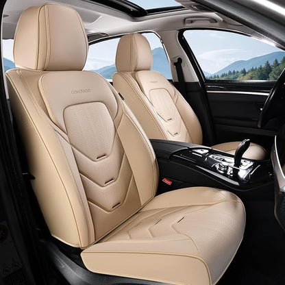 Coverado Car Seat Cover Full Set, Front and Rear Seat Cover for Car, Leather Car Seat Protector, Beige Universal Seat Covers, Waterproof Car Seat Cushion, Automotive Seat Covers Fit for Most Vehicles