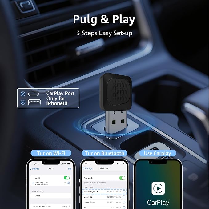 Wireless CarPlay Adapter, Smallest Mini Edition, Converts Wired to Wireless CarPlay, Plug & Play Adapter, Compact Design for Apple iPhone iOS 10+ with USB/USB-C Port