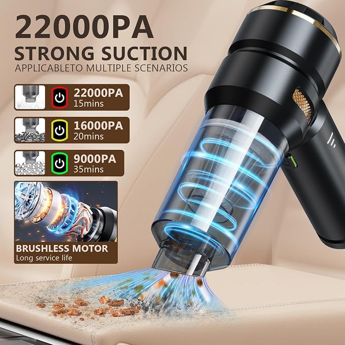 Cordless Handheld Car Vacuum, 22000Pa Strong Suction with Brushless Motor, HEPA Filter, Bonus Washable Metal Filter, 4-in-1 Kit with Air Blower, Type-C Rechargeable for Car Pet Home, Black