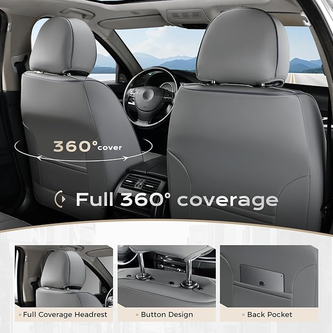 Coverado Seat Covers, Car Seat Covers Full Set, Leather Seat Covers for Cars, Car Seat Protector, Gray Car Seat Covers Front Seats and Back Seats Universal Fit for Most Cars Beige